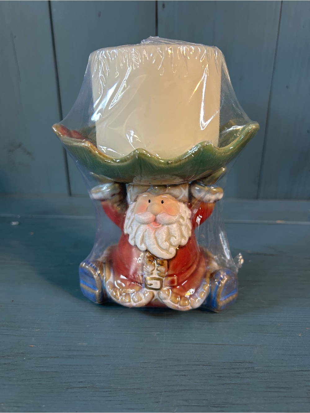 Festive Holiday Decor Red and Green Santa Ceramic Candle Holder | unlit